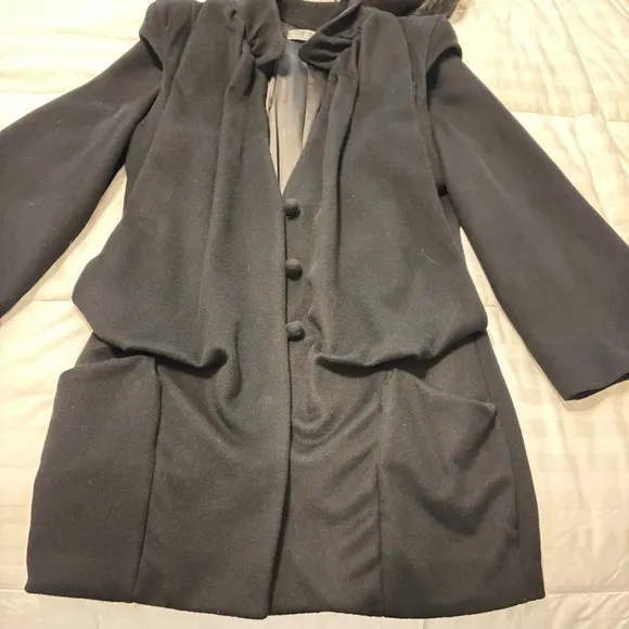 Vintage TOV Holy G Inc Size 38 Black Wool Coat 80s High Collar V Neck Buttons