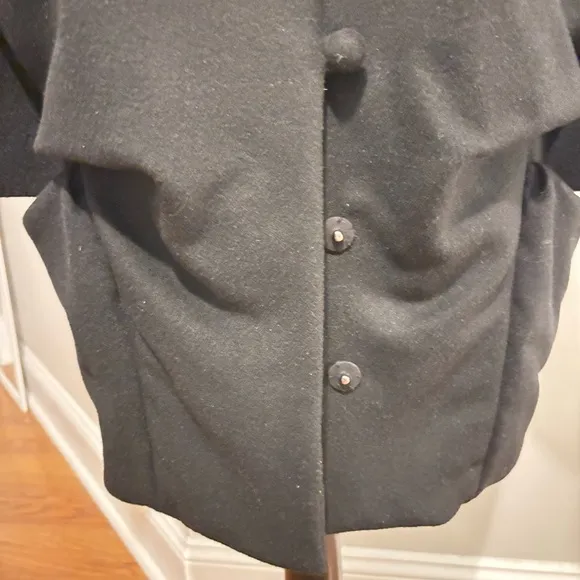 Vintage TOV Holy G Inc Size 38 Black Wool Coat 80s High Collar V Neck Buttons