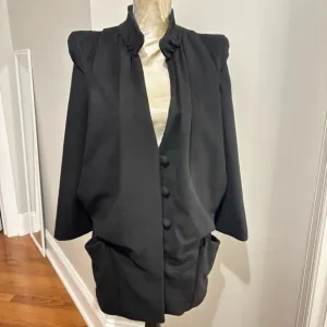 Vintage TOV Holy G Inc Size 38 Black Wool Coat 80s High Collar V Neck Buttons