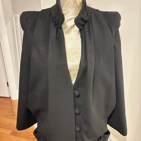 Vintage TOV Holy G Inc Size 38 Black Wool Coat 80s High Collar V Neck Buttons