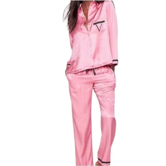 VS Satin Long Sleeve Button Up Pajama Set Black V Embroidery &amp; Pink Pinstripe