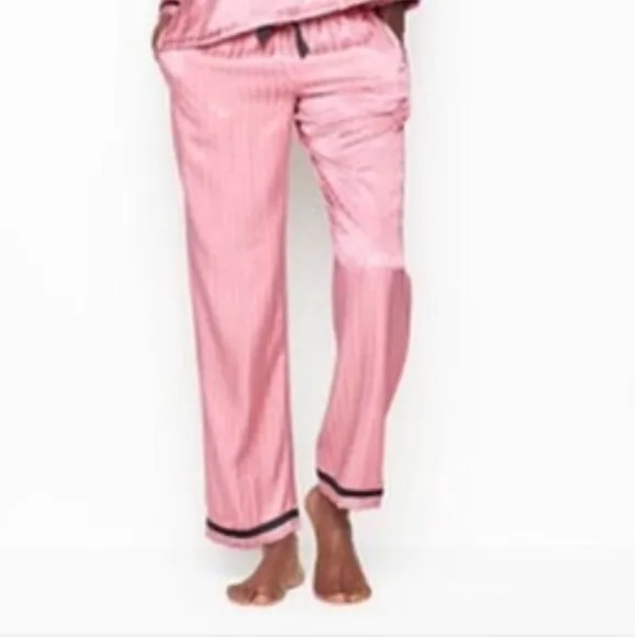 VS Satin Long Sleeve Button Up Pajama Set Black V Embroidery &amp; Pink Pinstripe