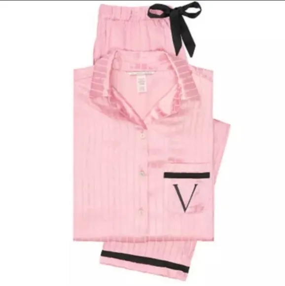 VS Satin Long Sleeve Button Up Pajama Set Black V Embroidery &amp; Pink Pinstripe