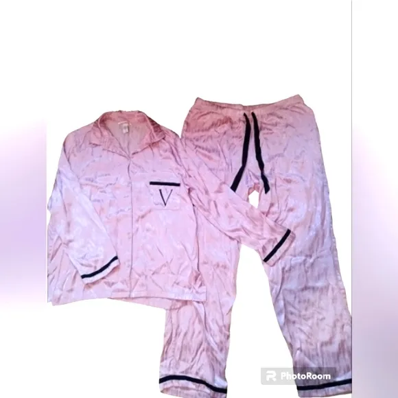 VS Satin Long Sleeve Button Up Pajama Set Black V Embroidery &amp; Pink Pinstripe