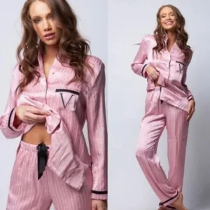 VS Satin Long Sleeve Button Up Pajama Set Black V Embroidery &amp; Pink Pinstripe