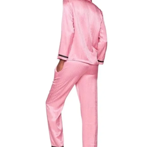 VS Satin Long Sleeve Button Up Pajama Set Black V Embroidery &amp; Pink Pinstripe