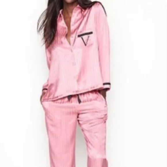 VS Satin Long Sleeve Button Up Pajama Set Black V Embroidery &amp; Pink Pinstripe