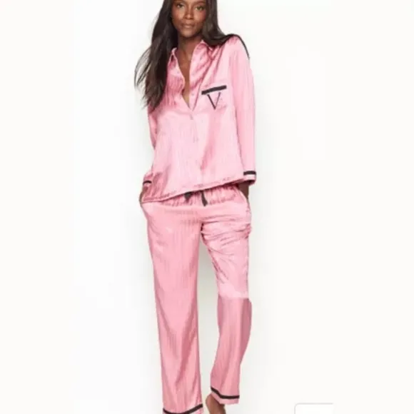 VS Satin Long Sleeve Button Up Pajama Set Black V Embroidery &amp; Pink Pinstripe