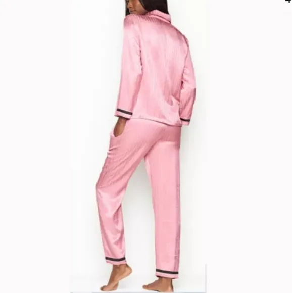 VS Satin Long Sleeve Button Up Pajama Set Black V Embroidery &amp; Pink Pinstripe