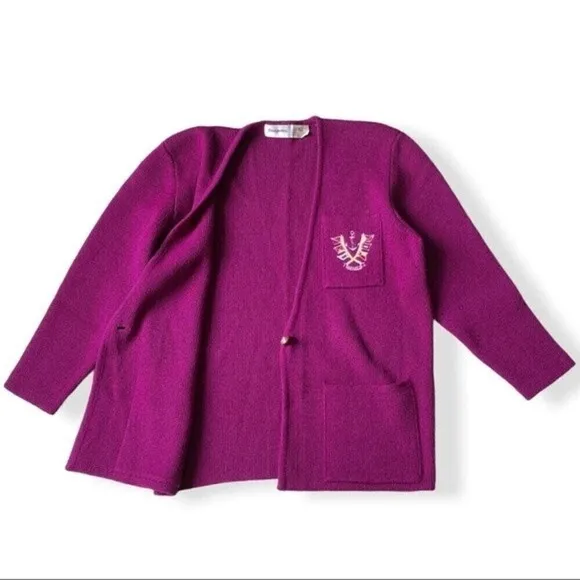 Vtg 80 Magnolia Chunky Knit Sweater Cardigan Wool Burgundy Crest Pocket Nautical