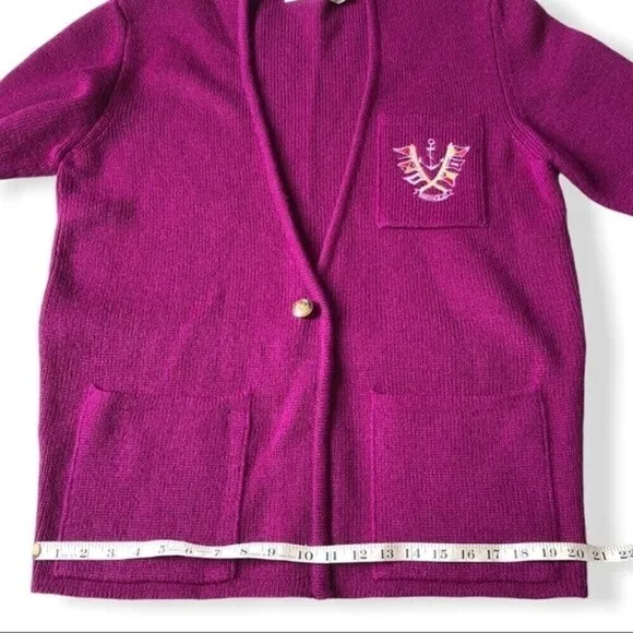 Vtg 80 Magnolia Chunky Knit Sweater Cardigan Wool Burgundy Crest Pocket Nautical