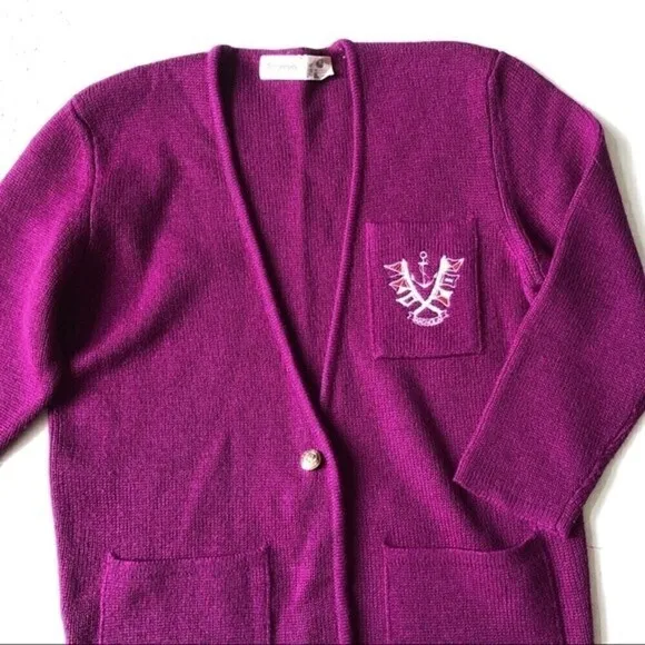 Vtg 80 Magnolia Chunky Knit Sweater Cardigan Wool Burgundy Crest Pocket Nautical