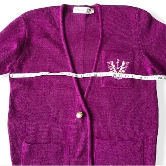 Vtg 80 Magnolia Chunky Knit Sweater Cardigan Wool Burgundy Crest Pocket Nautical