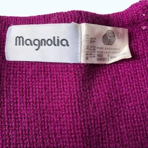 Vtg 80 Magnolia Chunky Knit Sweater Cardigan Wool Burgundy Crest Pocket Nautical