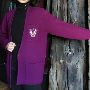 Vtg 80 Magnolia Chunky Knit Sweater Cardigan Wool Burgundy Crest Pocket Nautical