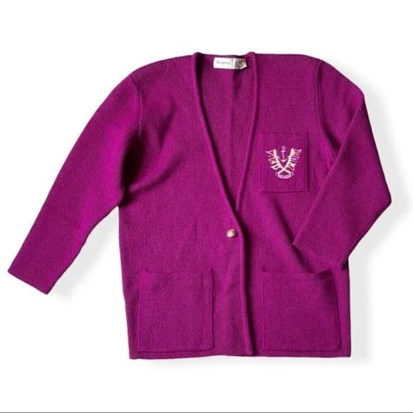 Vtg 80 Magnolia Chunky Knit Sweater Cardigan Wool Burgundy Crest Pocket Nautical
