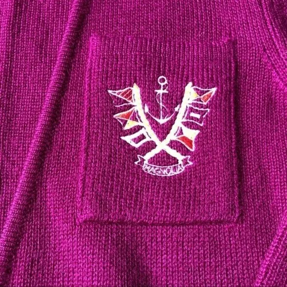 Vtg 80 Magnolia Chunky Knit Sweater Cardigan Wool Burgundy Crest Pocket Nautical