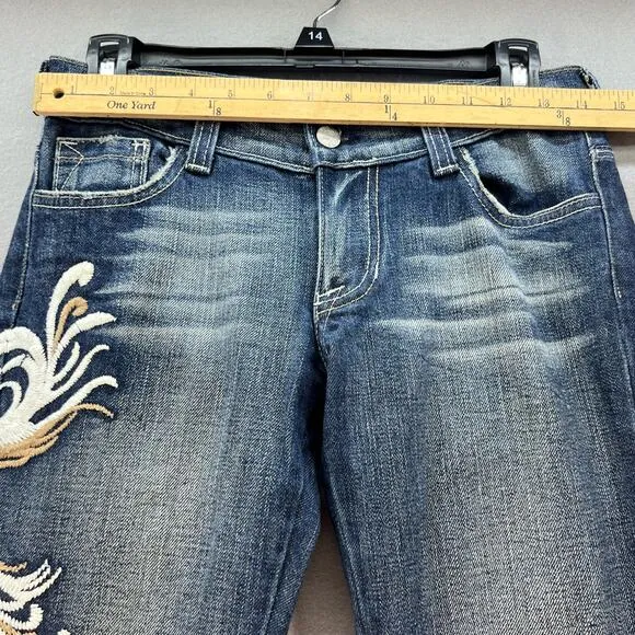 VTG KanCan Jeans Women's 5 Dark Blue Embroidered Hip Flare Preppy Normcore Rare
