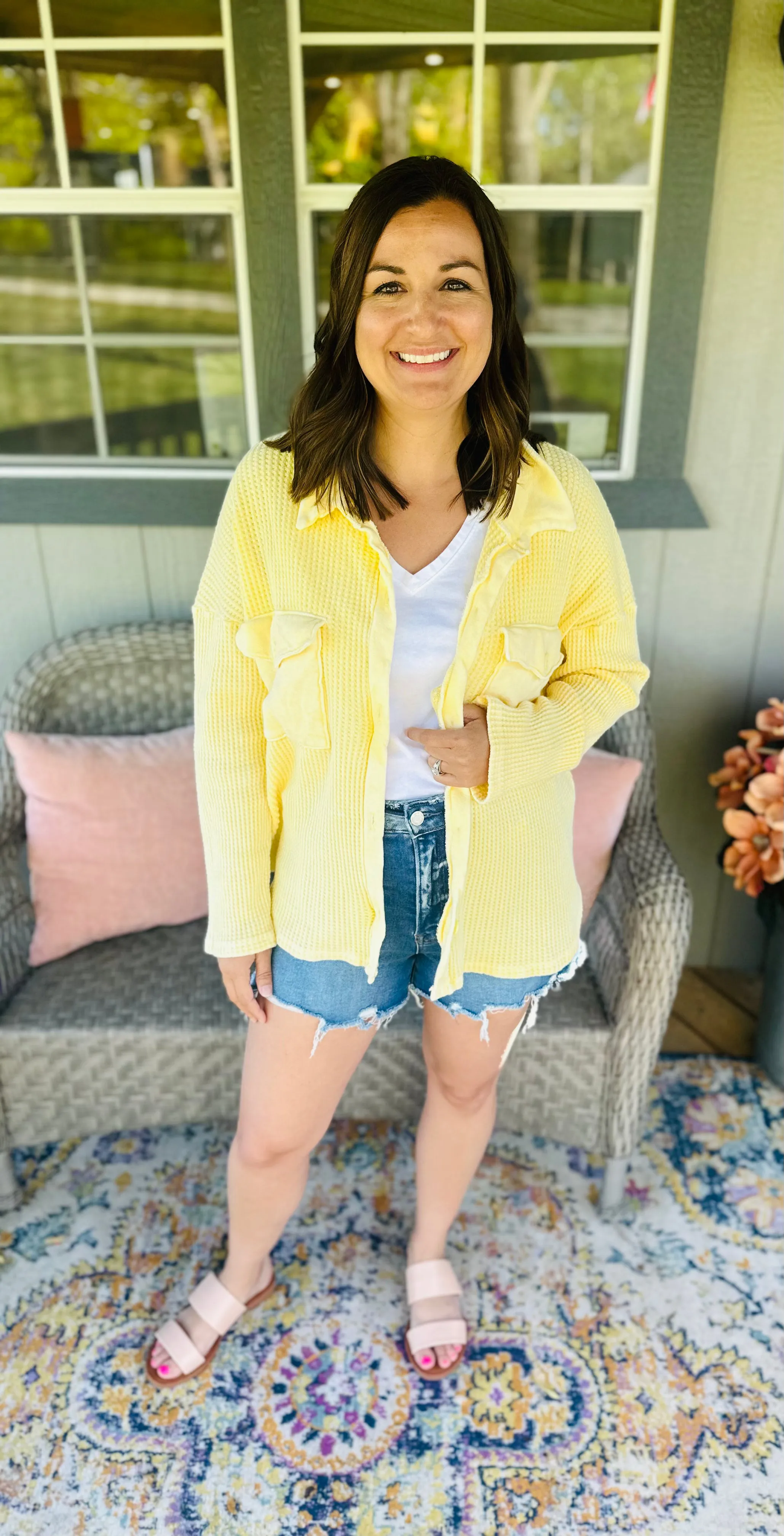 Waffle Knit Shacket-Yellow