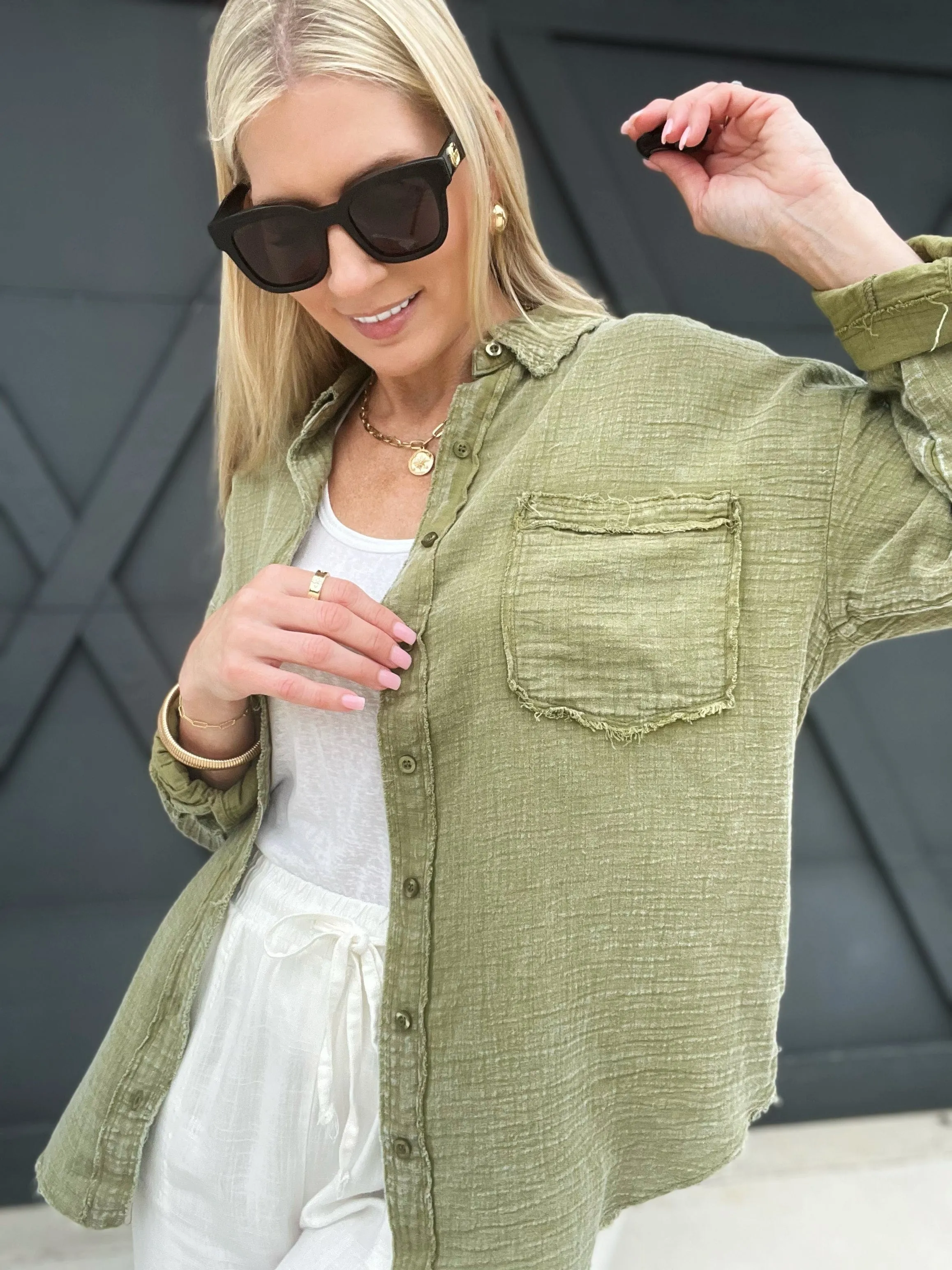 Washed Raw Edge Button Down Shirt In Dark Olive
