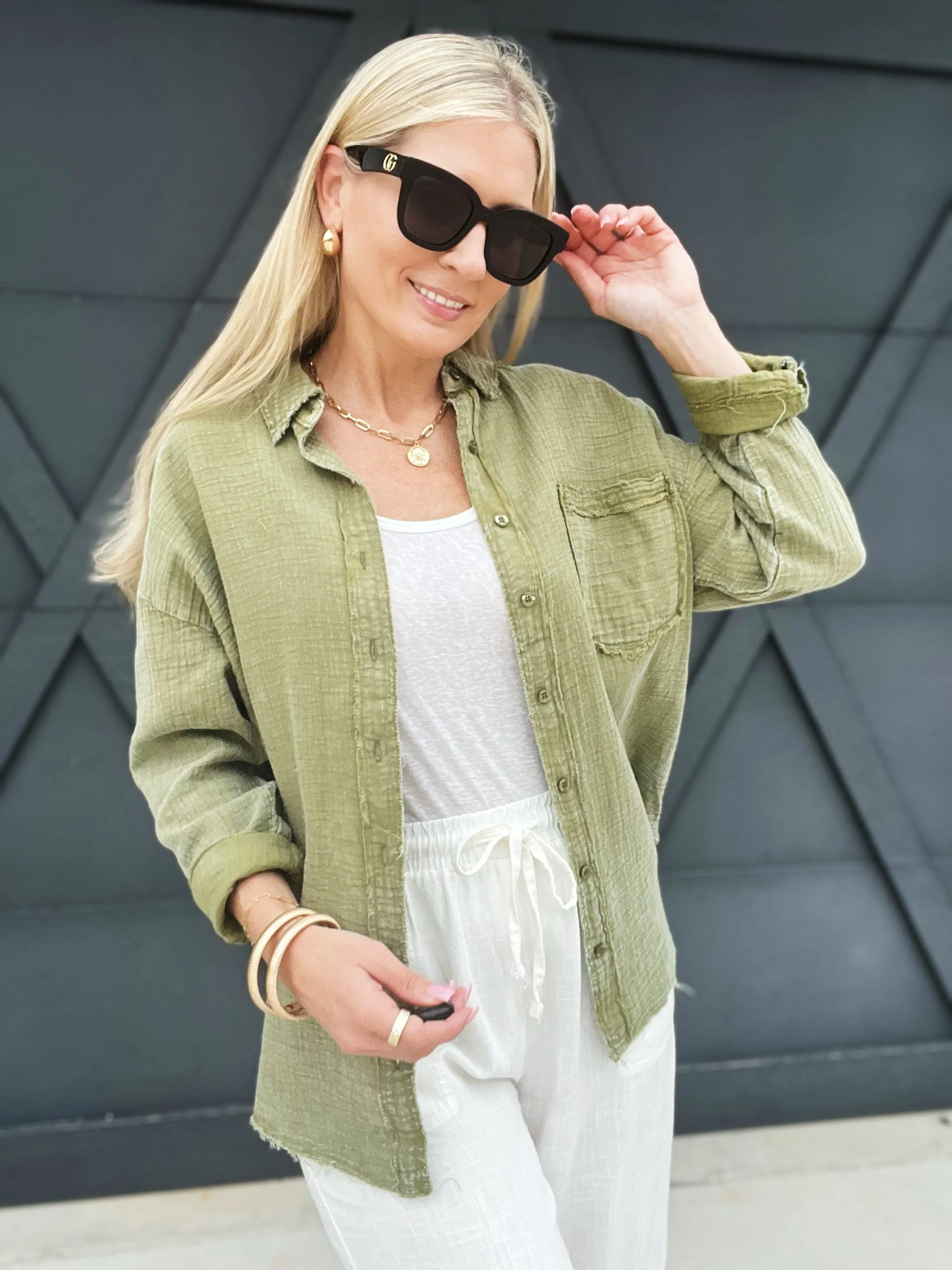 Washed Raw Edge Button Down Shirt In Dark Olive