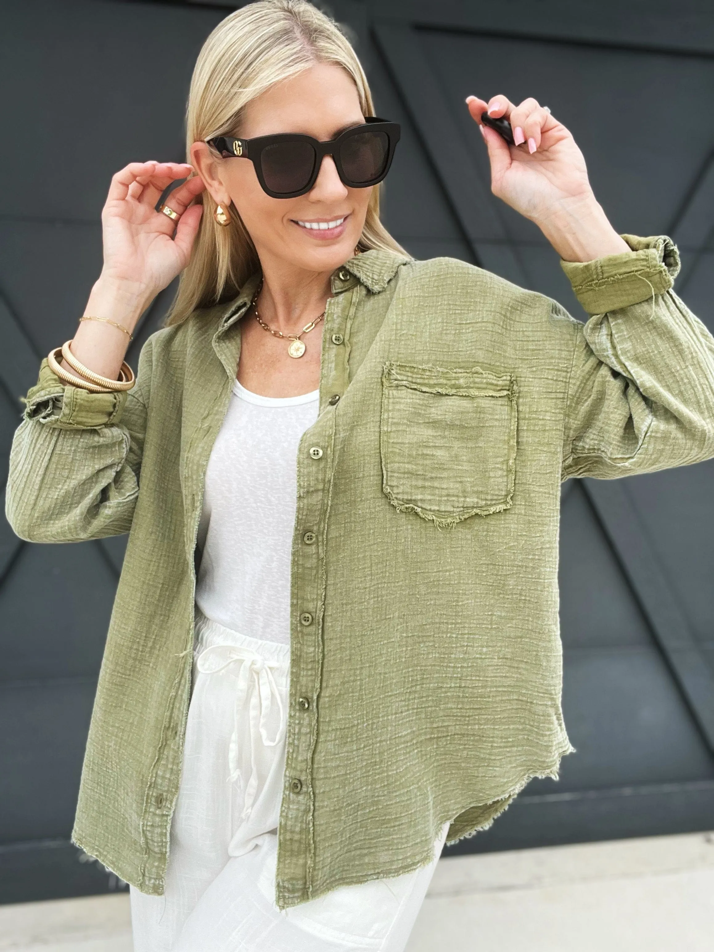 Washed Raw Edge Button Down Shirt In Dark Olive