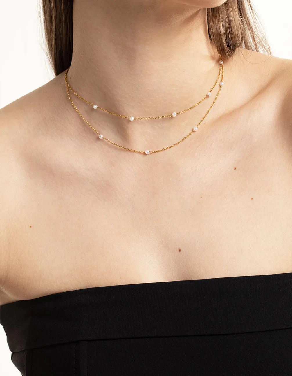 Waterproof Gold Plated Stainless Steel Dainty Freshwater Pearl Double Layer Necklace