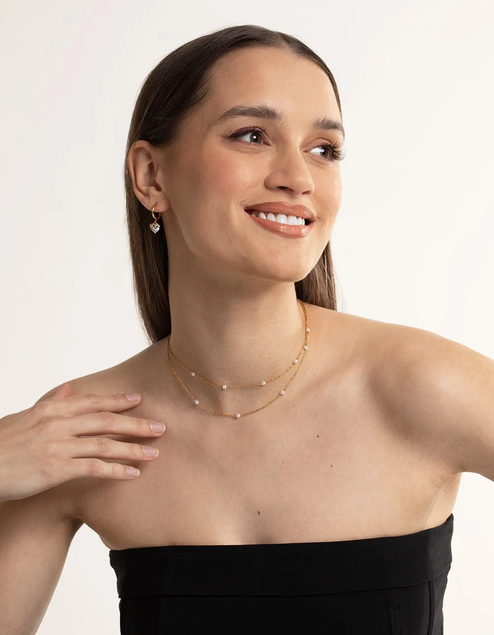 Waterproof Gold Plated Stainless Steel Dainty Freshwater Pearl Double Layer Necklace