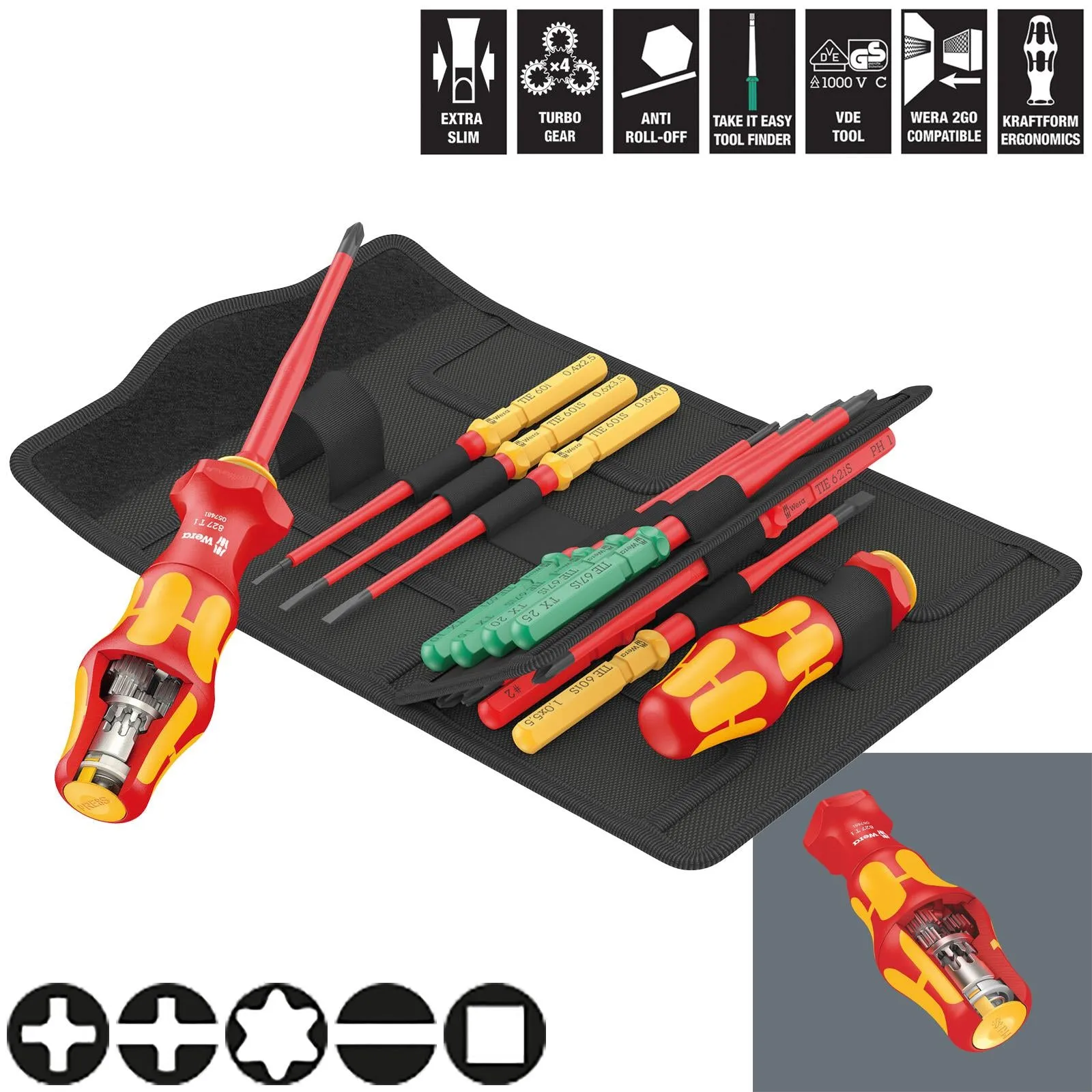 Wera Interchangeable VDE Screwdriver Set Kraftform Kompakt Turbo I Imperial 1 Tool Finder 16 Pieces Phillips Slotted Torx Square