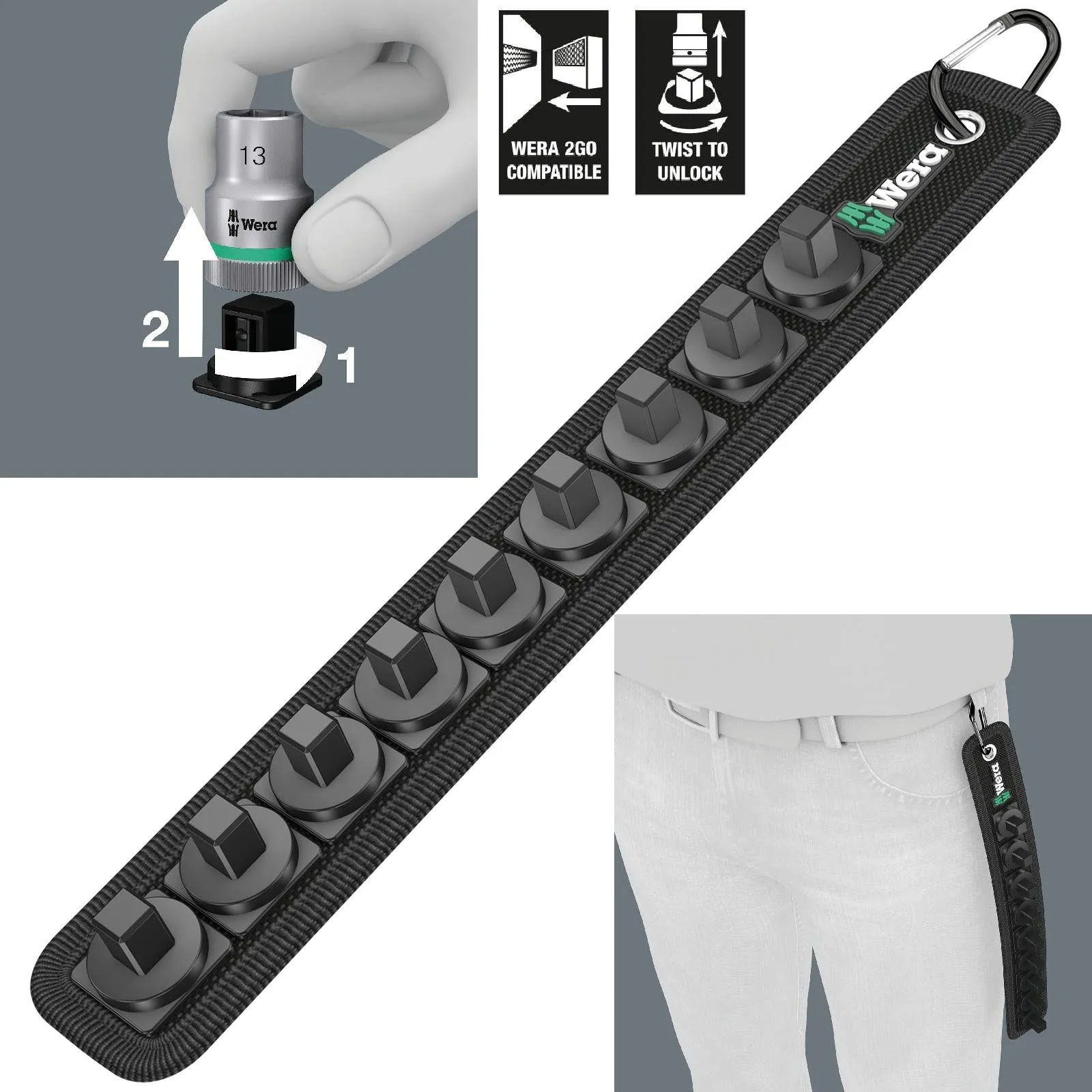 Wera Socket Rail B 3/8" Drive Textile Belt with Carabiner 9 Location Twist to Unlock Unloaded