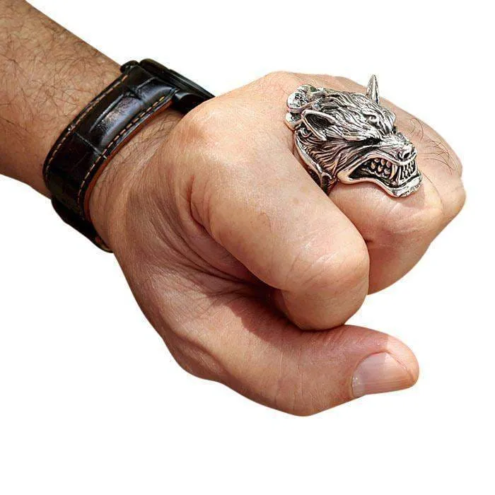 Werewolf Head Sterling Silver Biker Ring