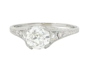 Wheeler & Co. Late Edwardian 1.48 CTW Diamond Platinum Engraved Antique Engagement Ring