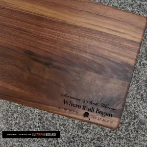 Where it all began sign with custom coordinates and state Walnut Cutting Board