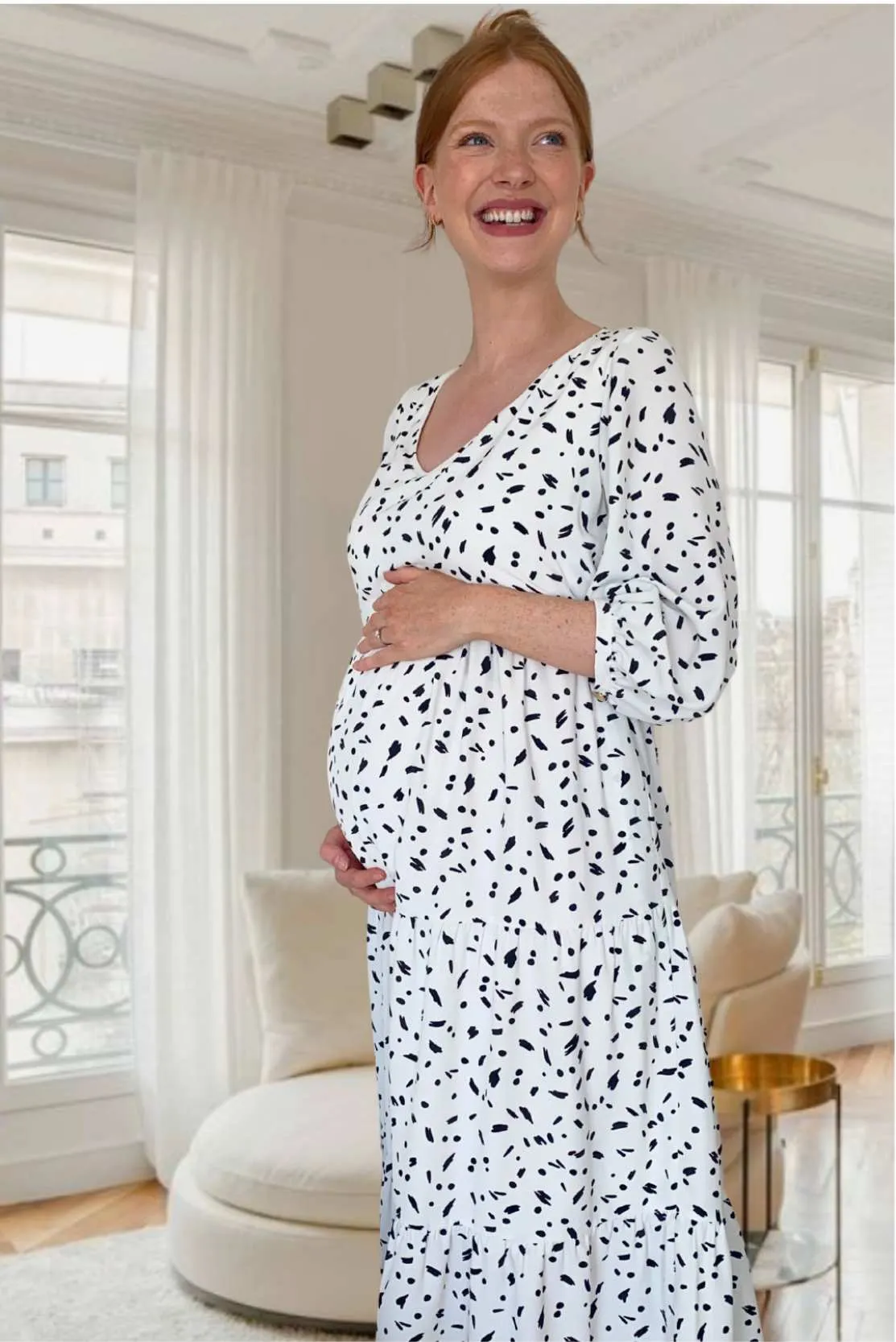White & black Tiered maternity & breastfeeding dress