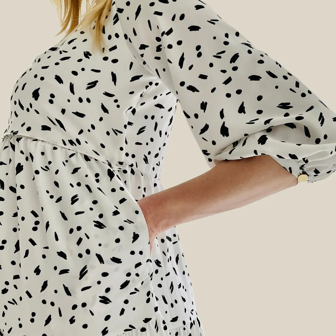 White & black Tiered maternity & breastfeeding dress