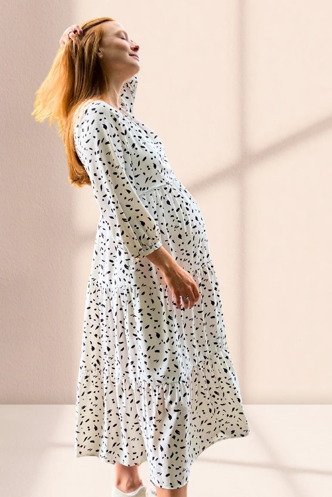 White & black Tiered maternity & breastfeeding dress