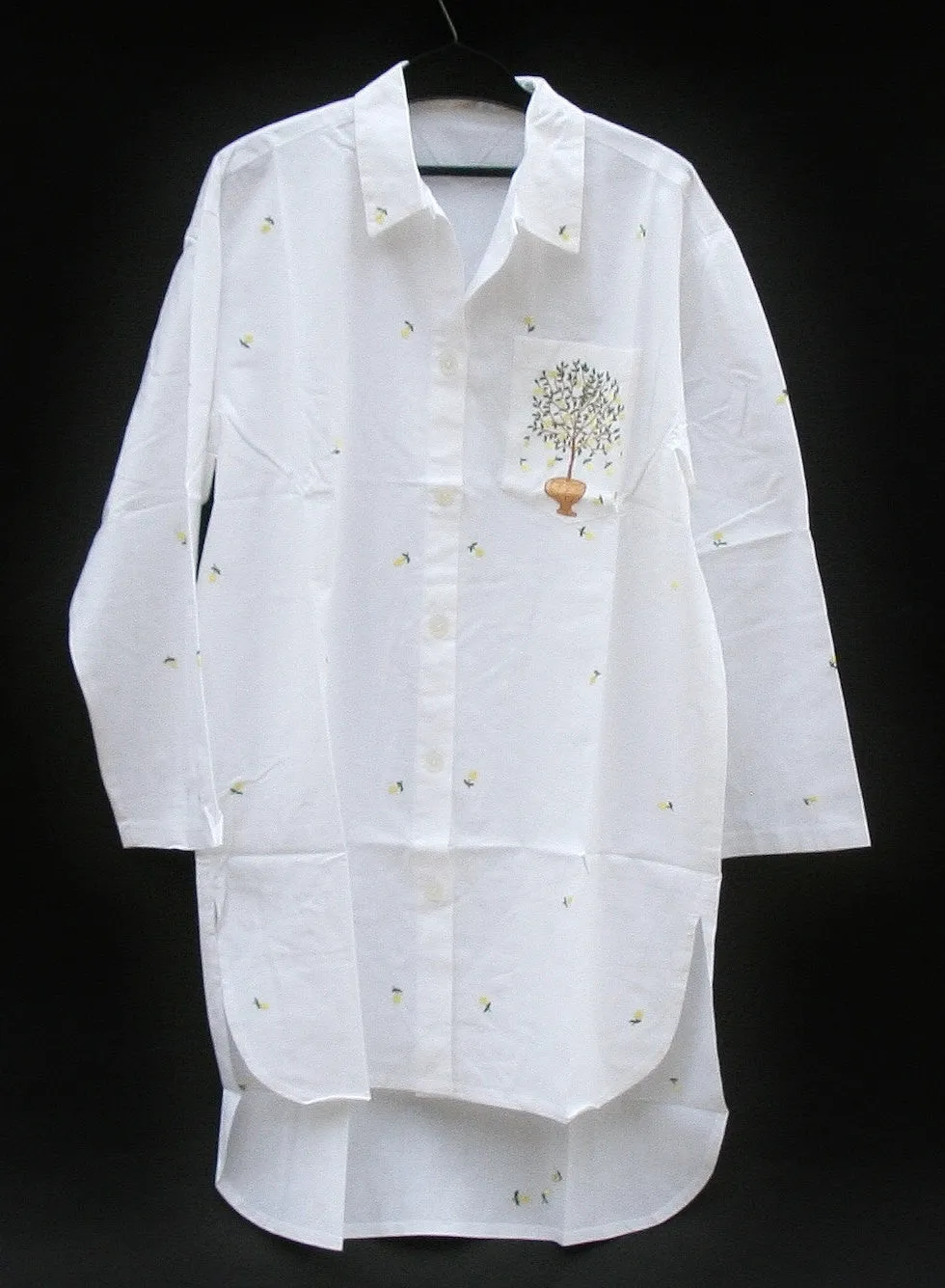 White Lounging Shirt Dress Embroidered Lemon Tree Handmade in Madagascar
