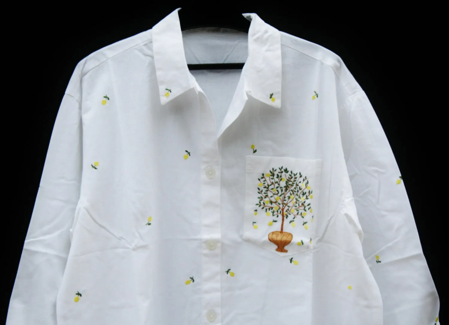 White Lounging Shirt Dress Embroidered Lemon Tree Handmade in Madagascar