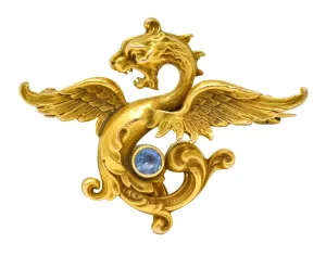 Whiteside and Blank Art Nouveau 14 Karat Gold Sapphire Dragon Watch Pin Brooch