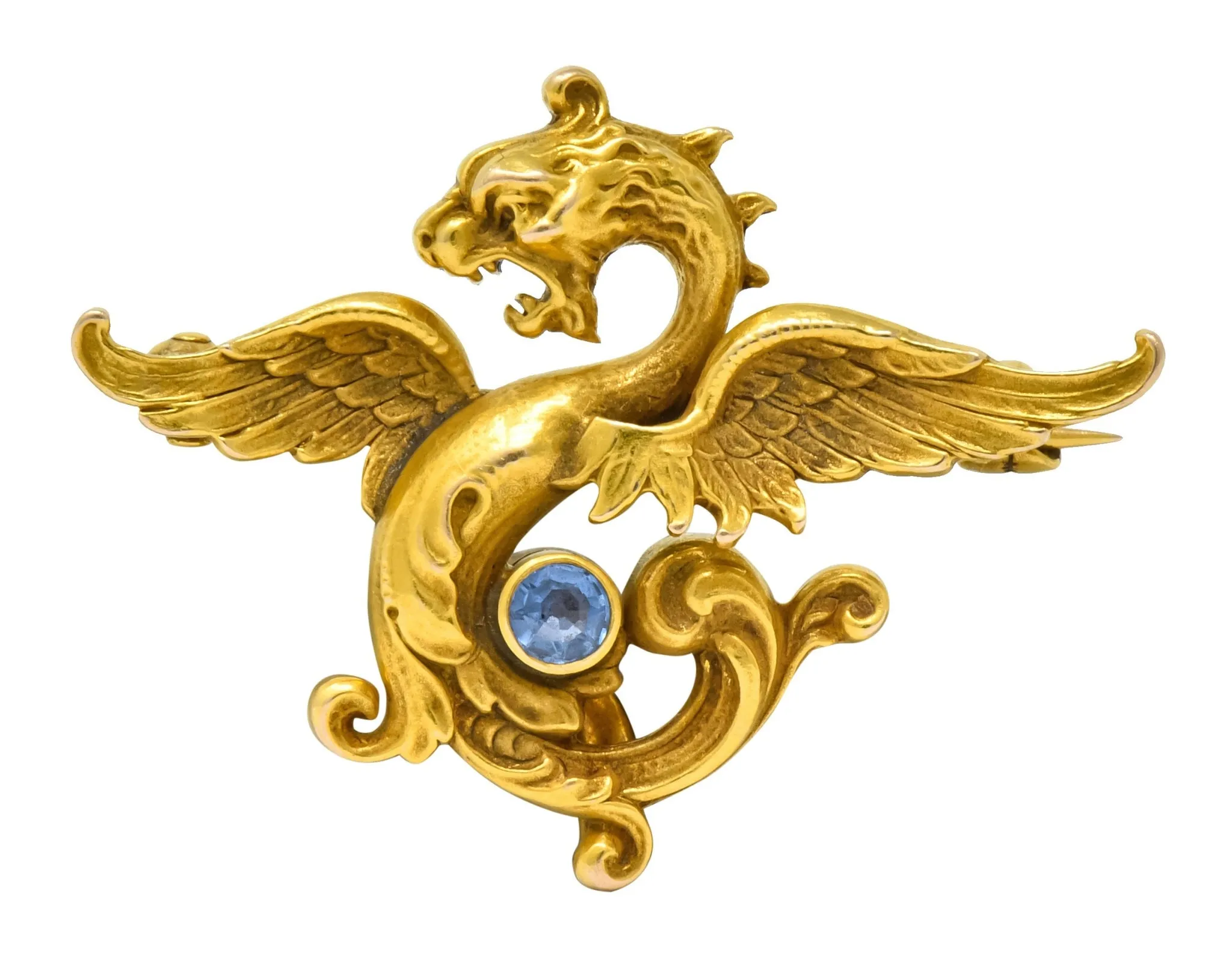Whiteside and Blank Art Nouveau 14 Karat Gold Sapphire Dragon Watch Pin Brooch