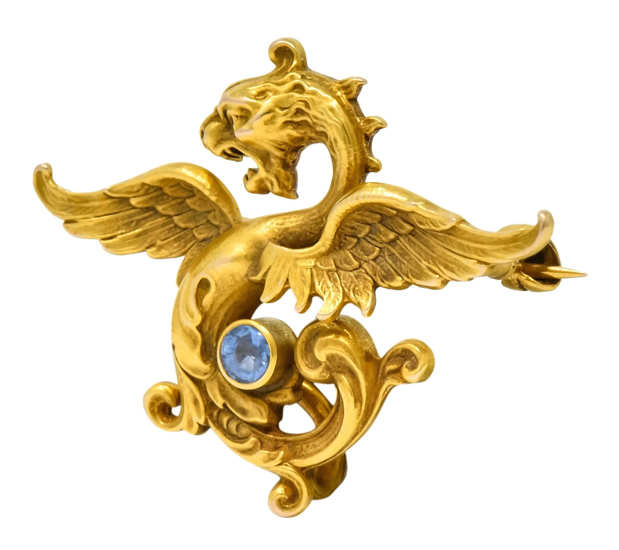 Whiteside and Blank Art Nouveau 14 Karat Gold Sapphire Dragon Watch Pin Brooch