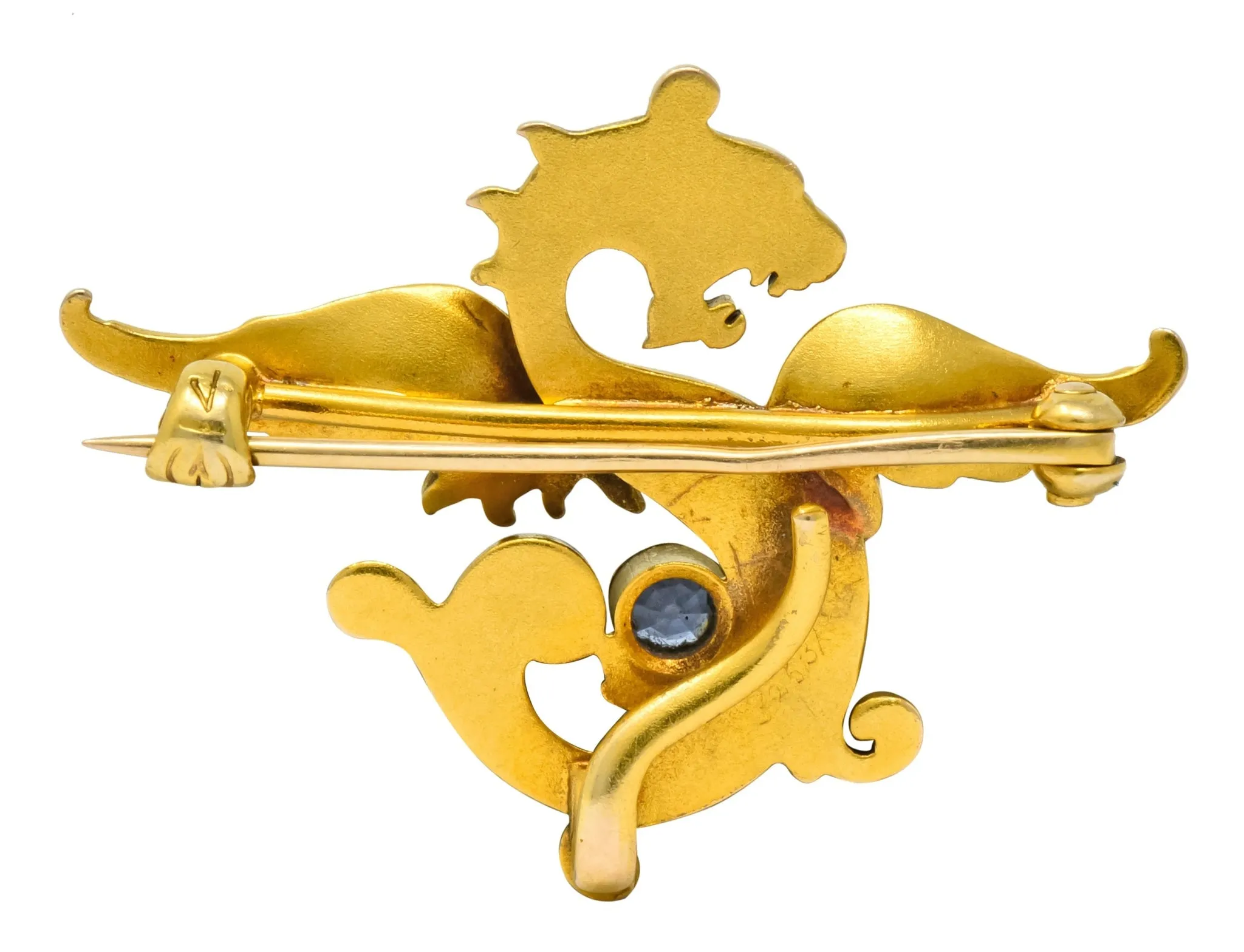 Whiteside and Blank Art Nouveau 14 Karat Gold Sapphire Dragon Watch Pin Brooch