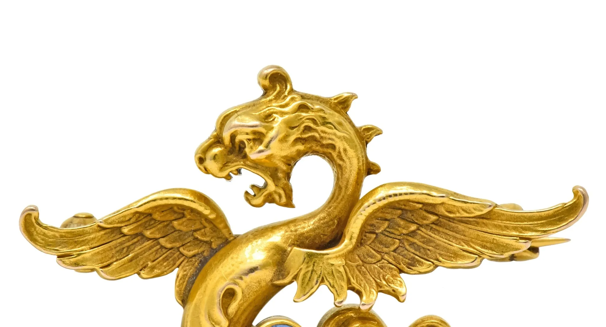 Whiteside and Blank Art Nouveau 14 Karat Gold Sapphire Dragon Watch Pin Brooch