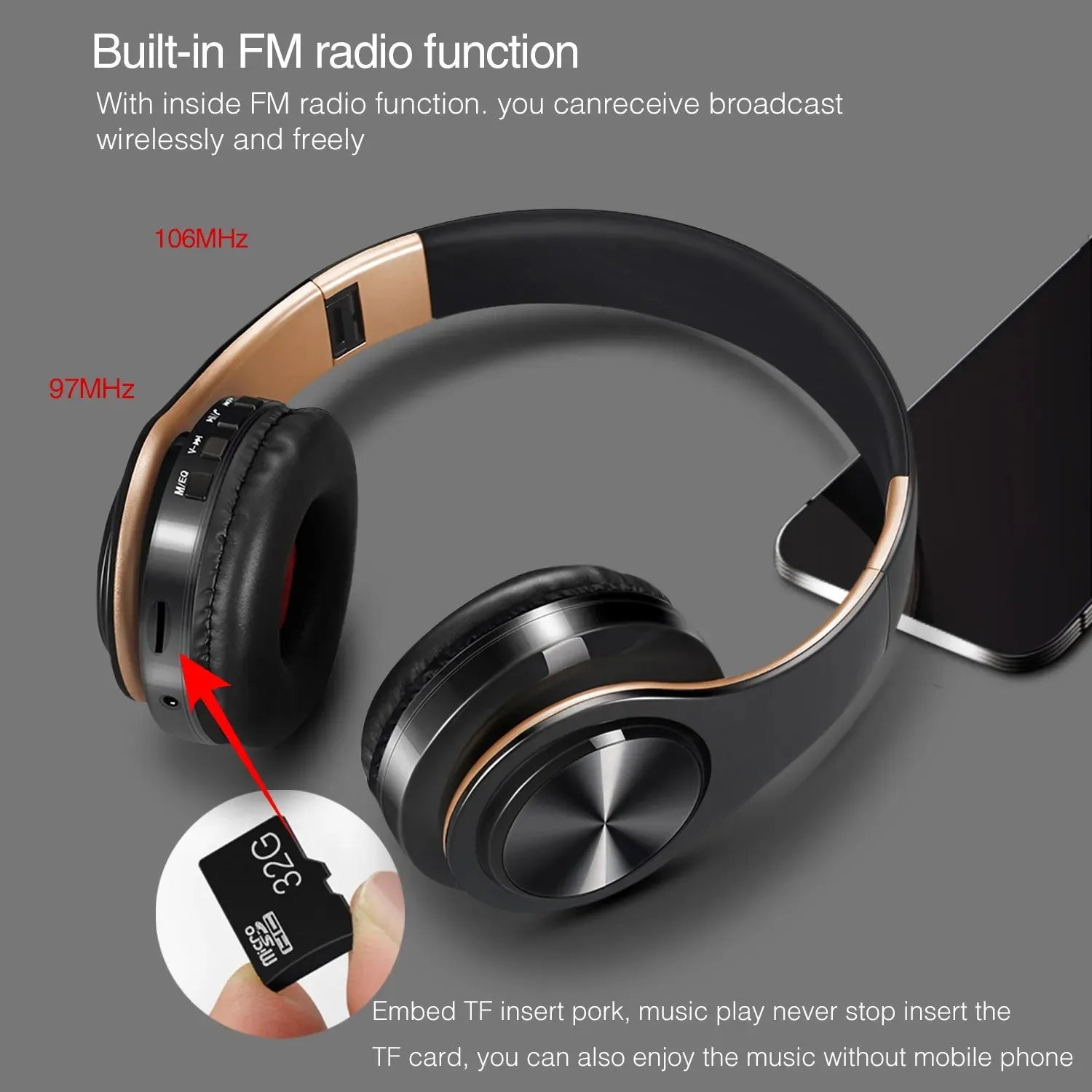 Wireless Bluetooth Headphones - Stereo Sports Headset with Mic, Overhead Earphones for Smart Phone TV PC Tablet