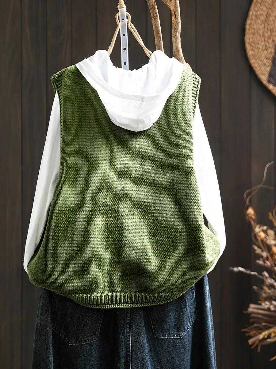 Women Vintage Flower Pocket O-Neck Knit Vest