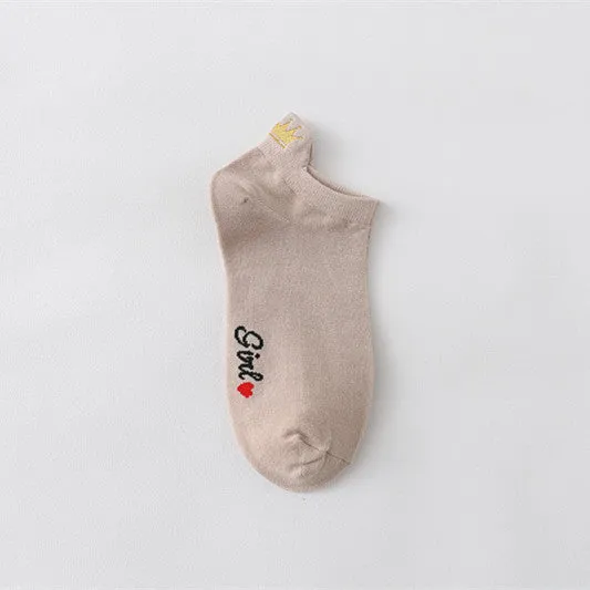 Women's Heel Crown Embroidered Combed Cotton Low Top Low Cut Socks Boat Socks
