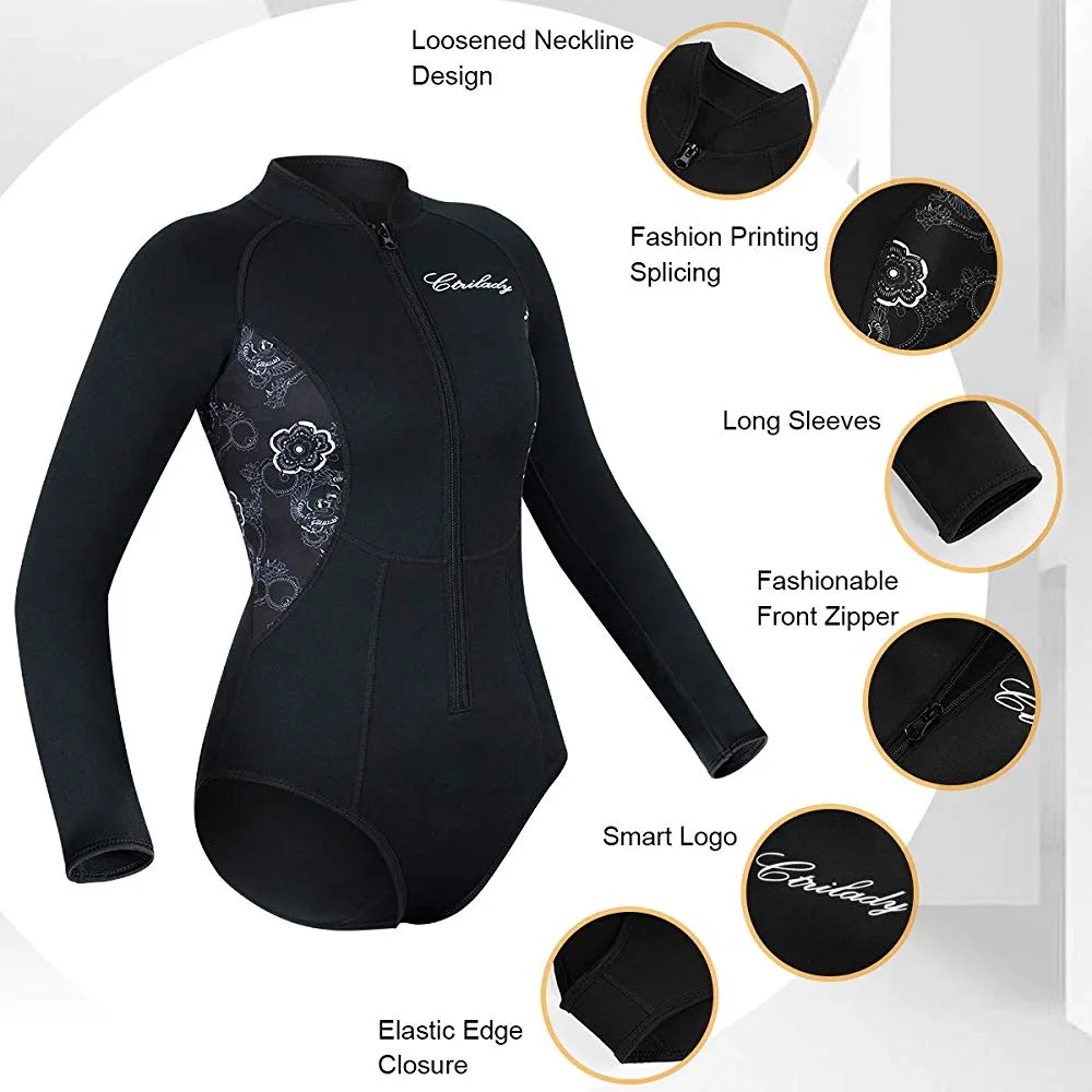 Women's neoprene wetsuit long sleeves swimsuit with front zipper