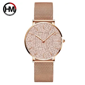 Women's Rose Gold Stainless Steel Mesh Quartz Waterproof Wristwatch