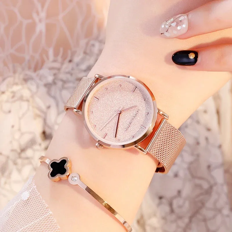 Women's Rose Gold Stainless Steel Mesh Quartz Waterproof Wristwatch