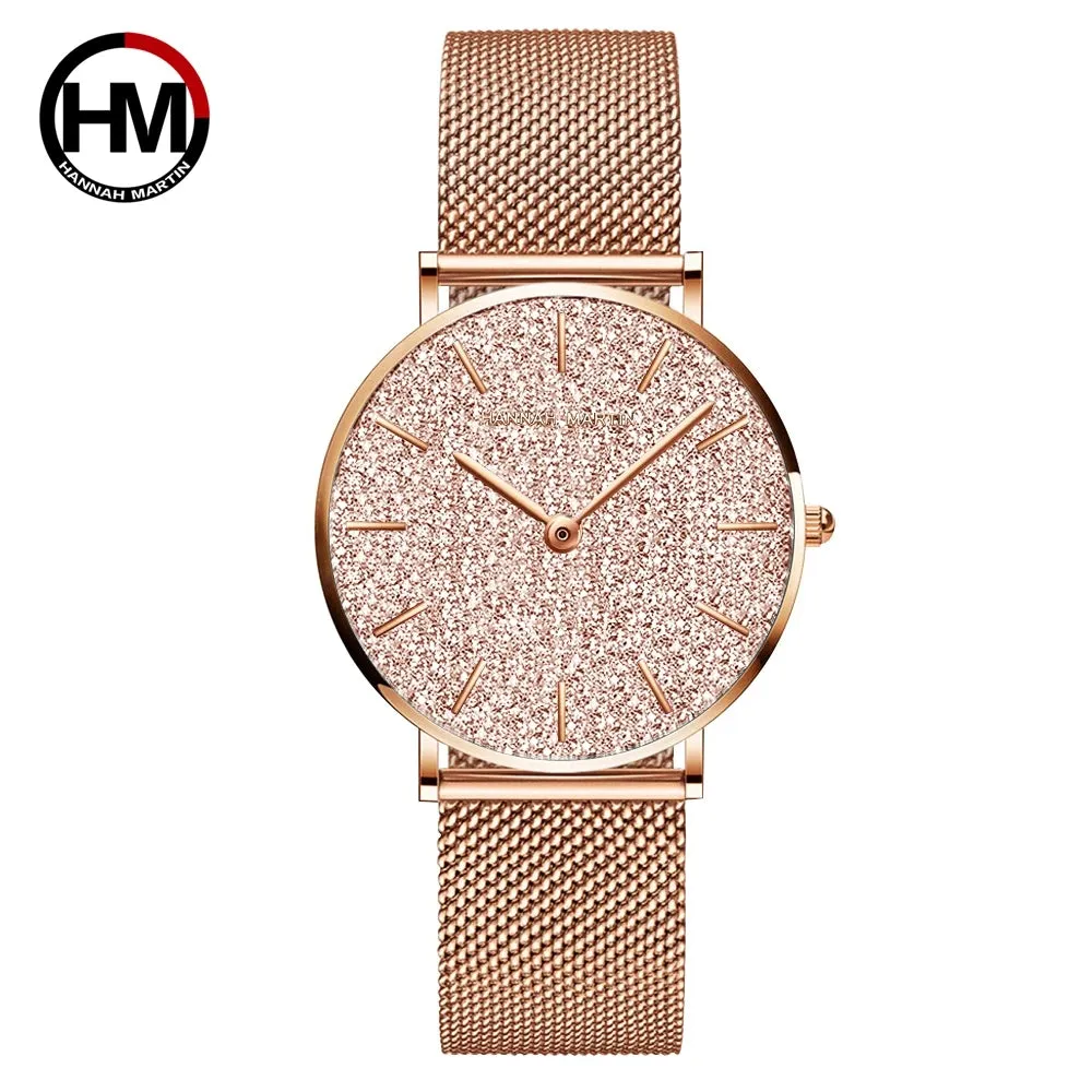 Women's Rose Gold Stainless Steel Mesh Quartz Waterproof Wristwatch